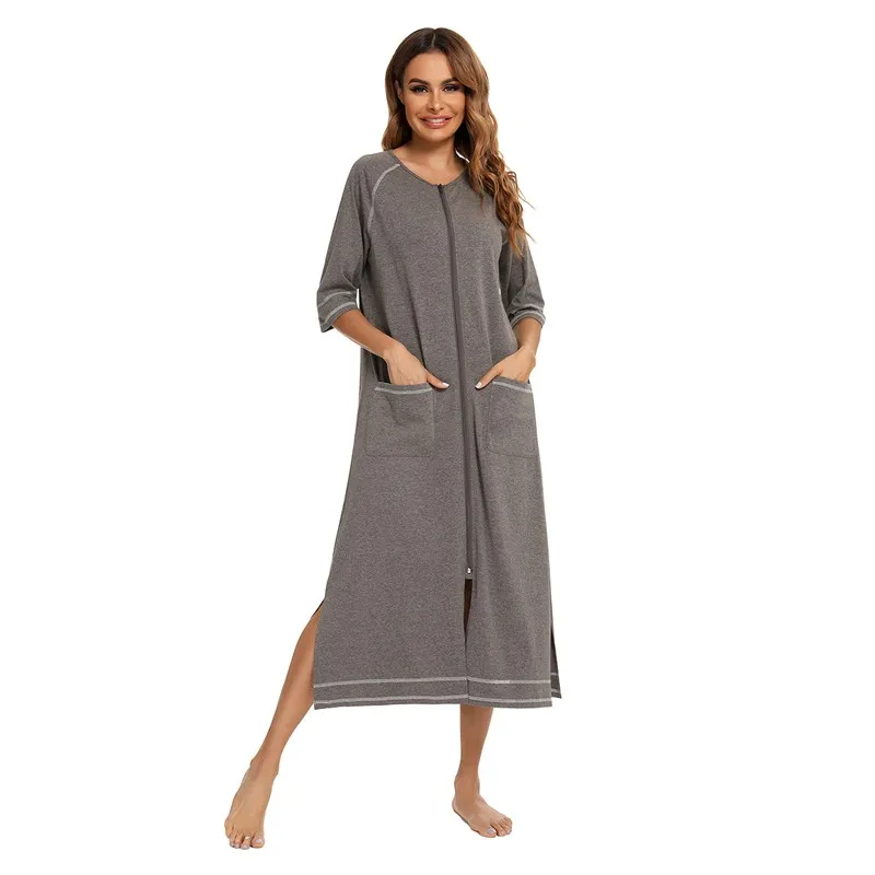 2023 Autumn New Women Long Robe Nightgowns Loose Comfy Homewear Pregnant Woman Lactation Sleepwear Zipper Nightwear Night Dress