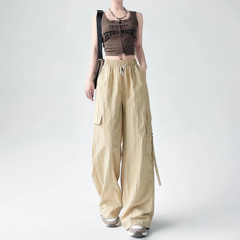 Spring Summer Loose Casual Wide Leg Workwear Pants Women Elastic High Waist Drawstring Pockets American Straight Sports Trousers