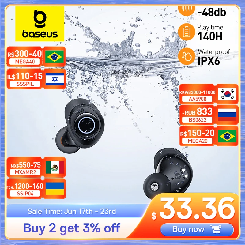 Fones de ouvido sem fio Baseus-Ture, auscultadores Bluetooth 5.3, reprodução 140h, impermeável IPX6, fone TWS, cancelamento de ruído 48dB