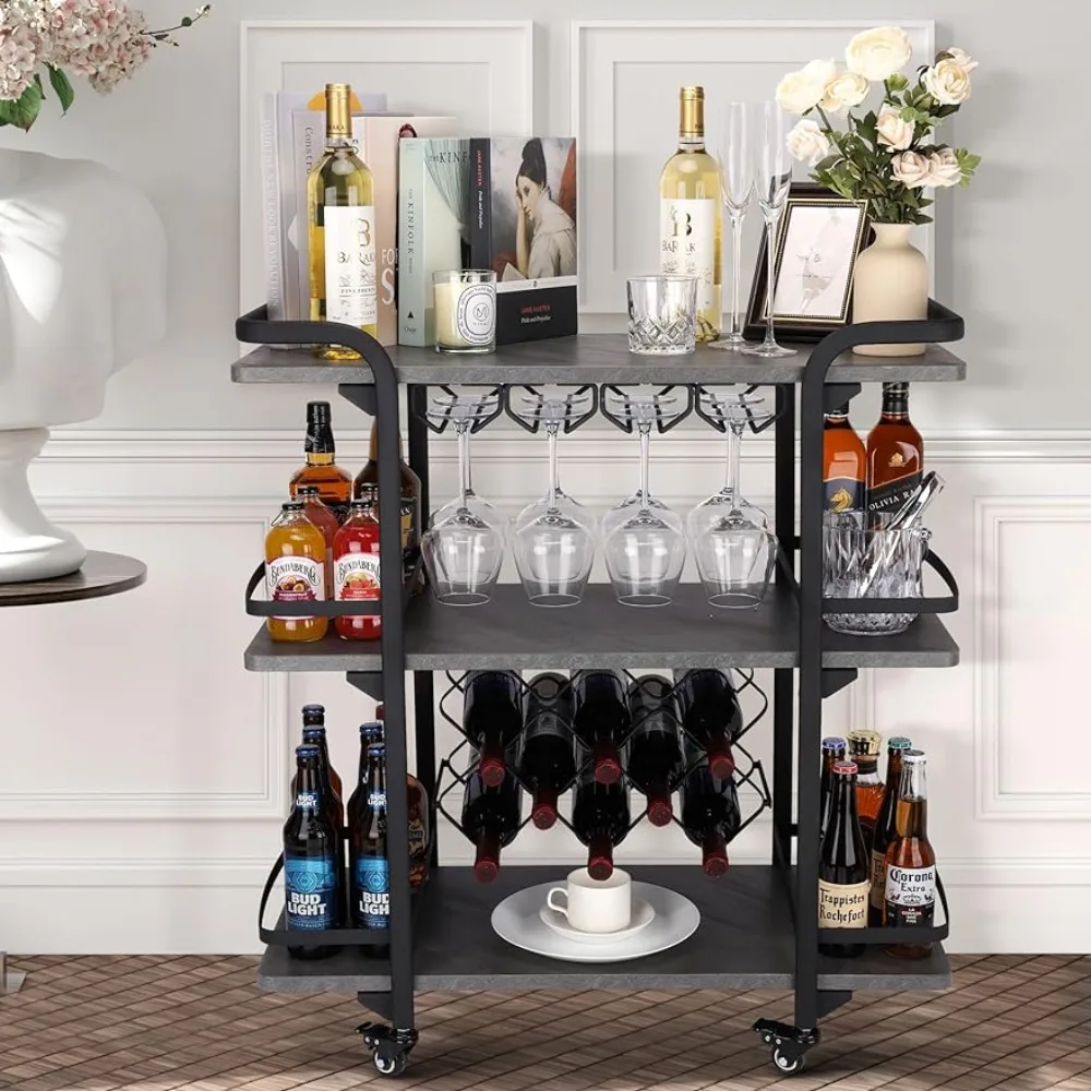 

3-Tier Bar Cart for The Home Mobile Serving with Glass Holders and 8 Wine Racks Storage, Kitchen Island Cart on Wheels,