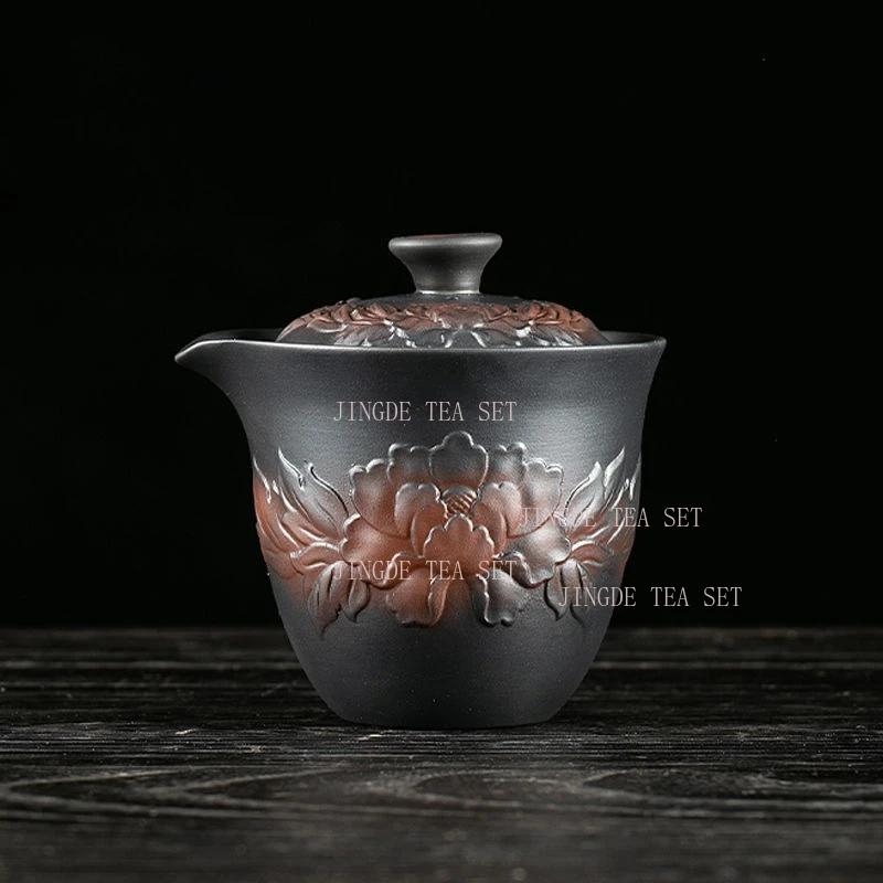 1 set of purple pottery covered bowl teapot, household ceramic large capacity carved tea set, tea brewing set