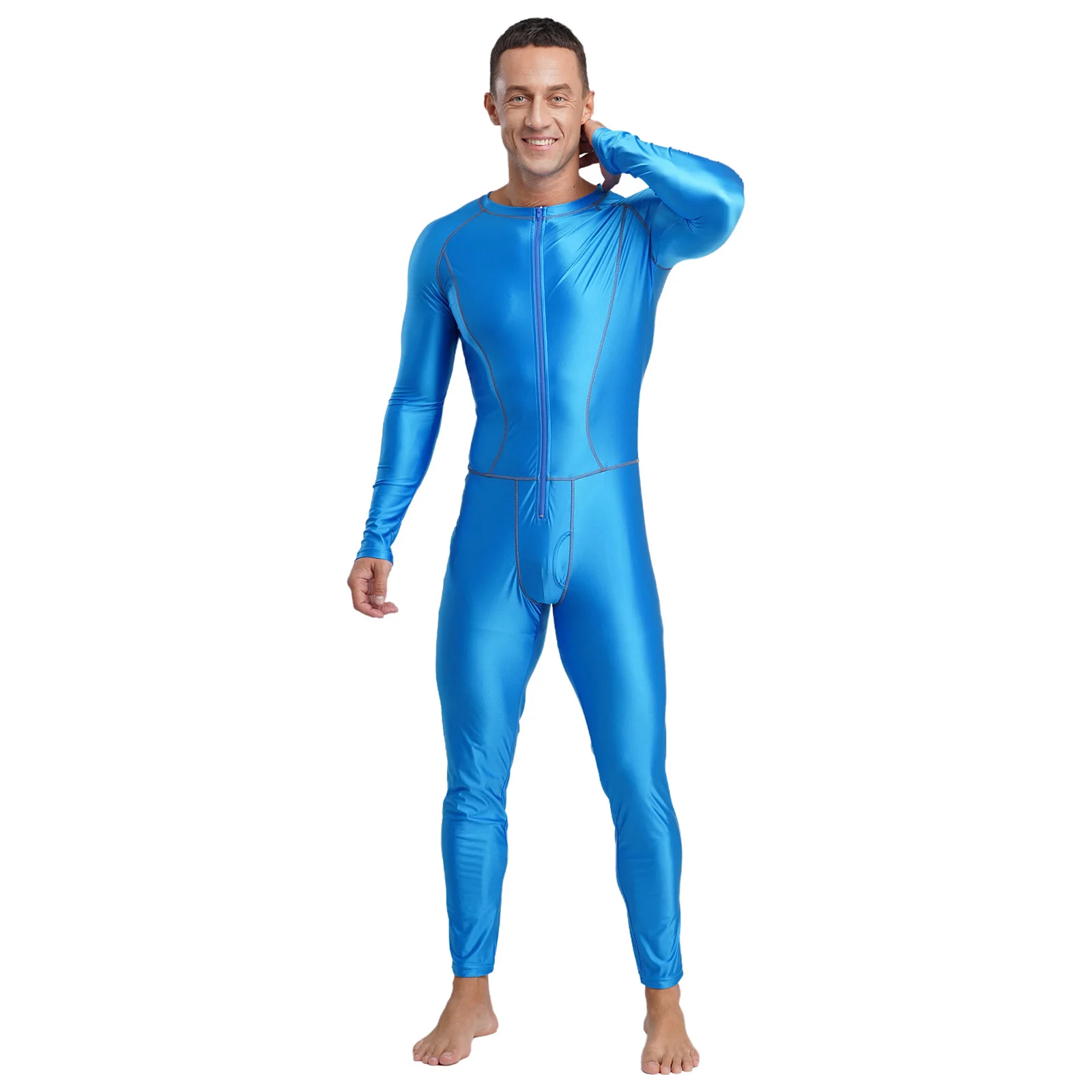Herren-Erwachsene, ölglänzend, schmal, voller Overall, Badeanzug, äußere flache Nähte, Reißverschluss vorne, lange Hosen, Kompressionsspielanzug, Bodysuit, Badebekleidung – Detail 27