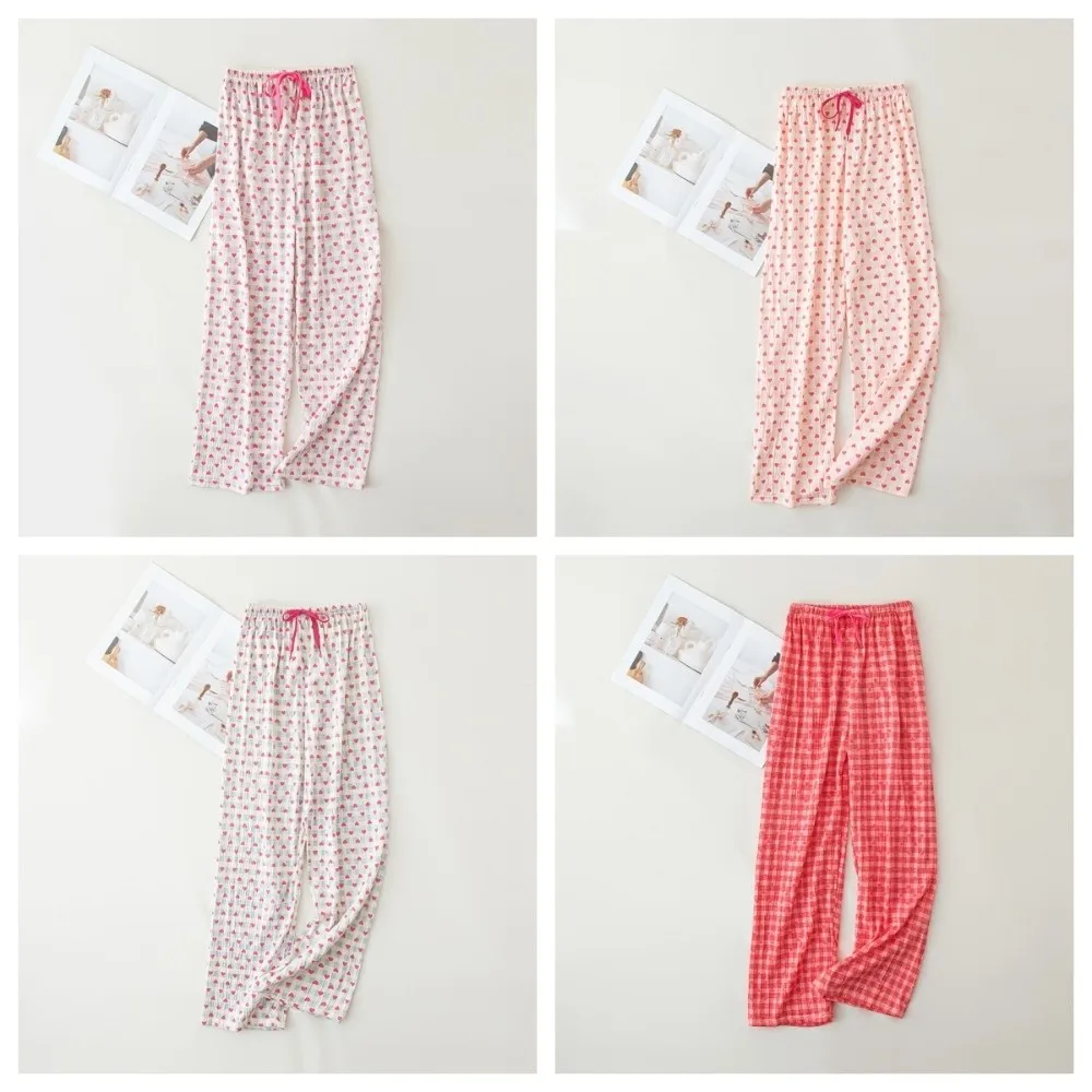 Sweet Korean Style Plaid Heart Long Pants Comfortable Soft Loose Trousers Colorful Draped Design Drawstring Pants Office Casual