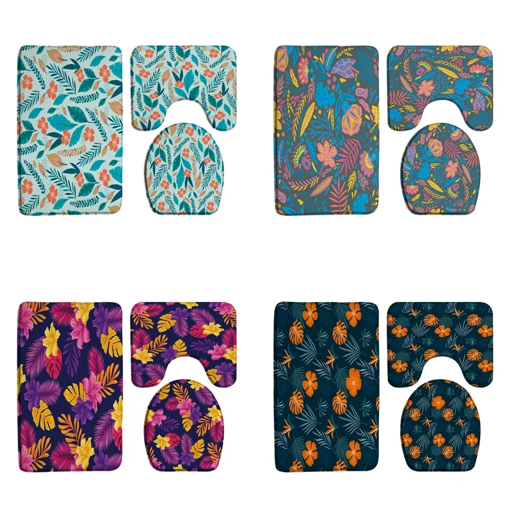 

Boho Abstract Leaves Floral Bath Mat Set Summer Tropical Plant Flower Art Bathroom Rug Non-Slip Bathmat Doormat Toilet Lid Cover