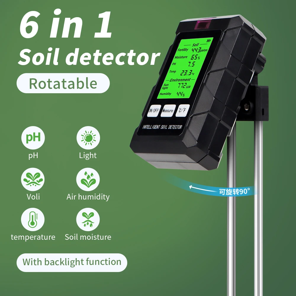Silver 6in1 Detector Soil Fertility Tester pH Temp Humidity Gardening Tool
