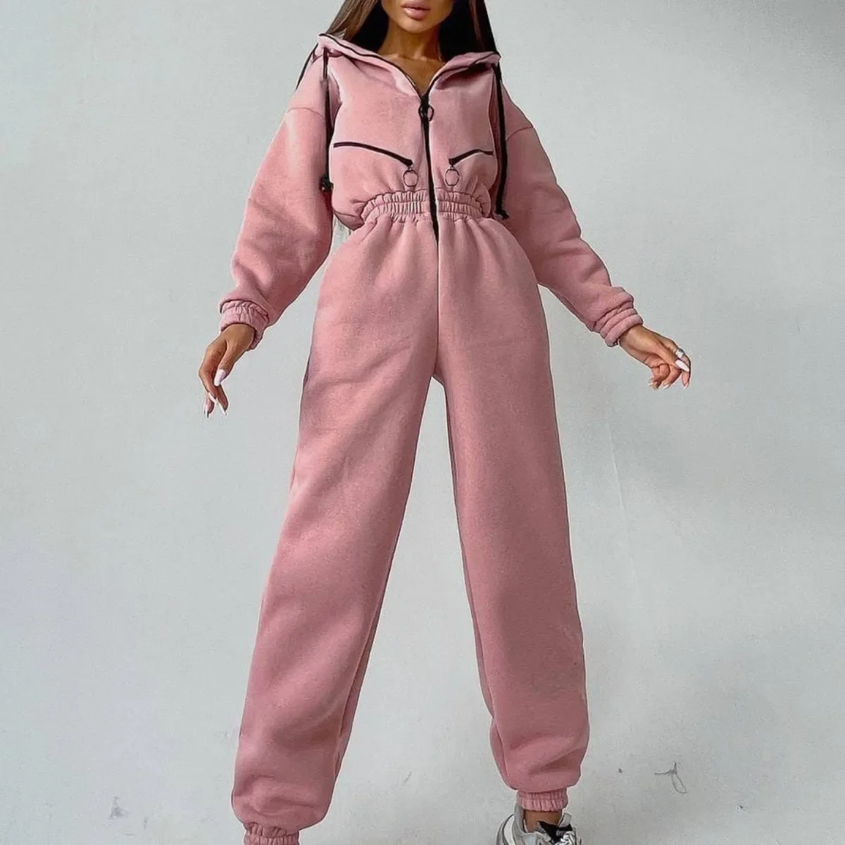 Fashion Elegant Hoodies Jumpsuit Women Casual Overalls Romper Fall Winter Solid Hooded Jumpsuits Sportwear Rompers Tracksuits