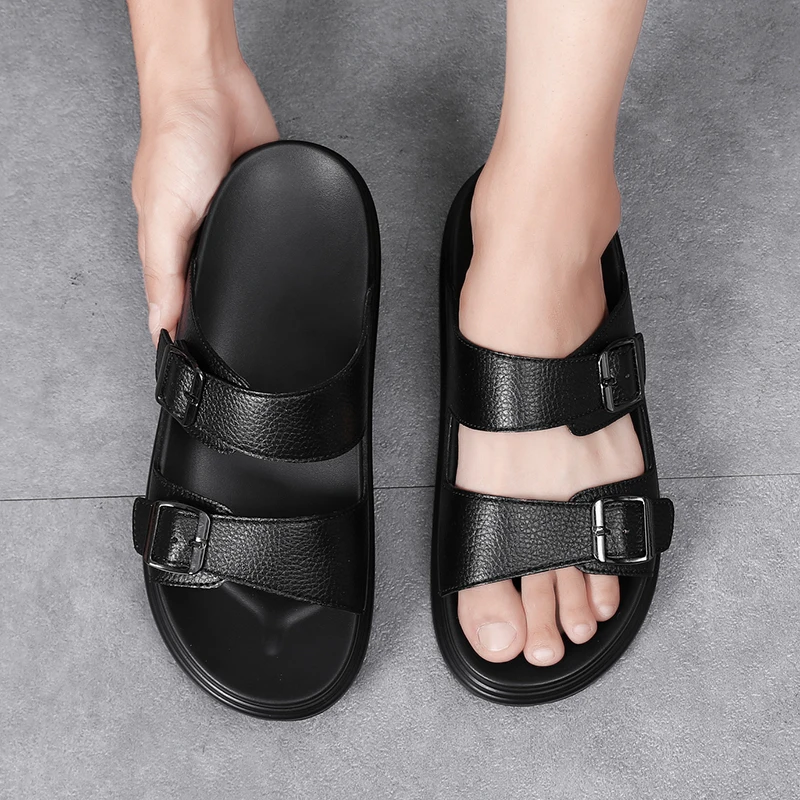 Men's Microfiber Leather Slippers External Wear Anti-slip Cool Double Button Flat Drag Beach Shoes soft slippers summer slippers anti slip sandals men shoes