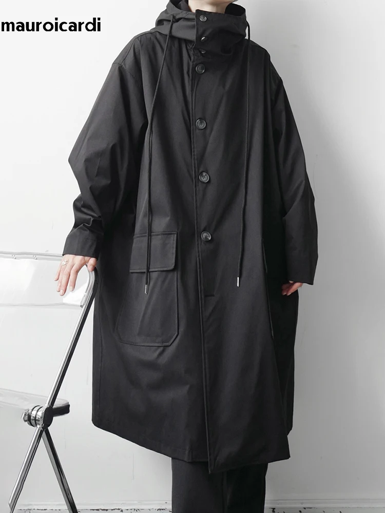 Mauroicardi Spring Autumn Long Black Khaki Oversized Trench Coat Men with Hood Pockets Loose Casual Windproof Windbreaker