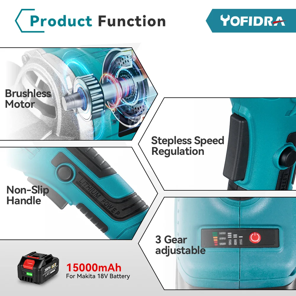 Yofidra 2500W 100MM Brushless Angle Grinder 30000rpm Cutting Power Tools Woodworking Grinding Machine For Makita 18V Battery