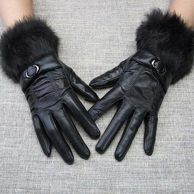 Gants Femme cuir bord fourrure Noir