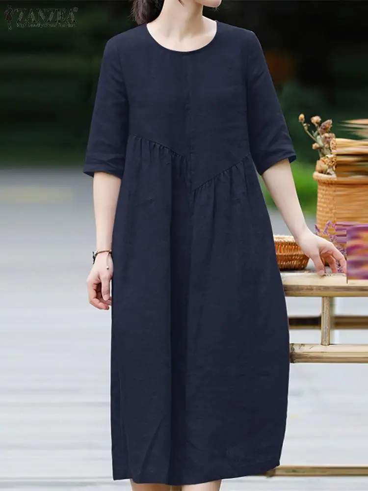

ZANZEA Summer O Neck Sundress Half Sleeve Solid Dress Women Holiday Causal Dresses Vintage Cotton Vestido Kaftan Robe Femme