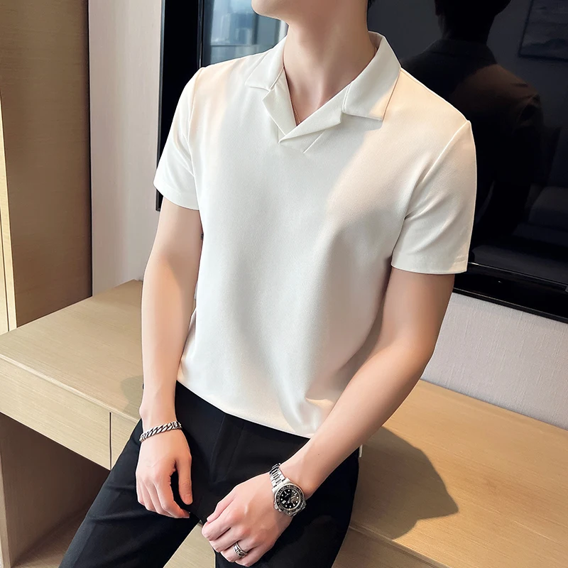 

Ice Silk V-neck Polo Shirt Korean Version Short-sleeved Fashion Lapel Men's Slim Neck Top Knitted Shirt Quick Dry Breathable