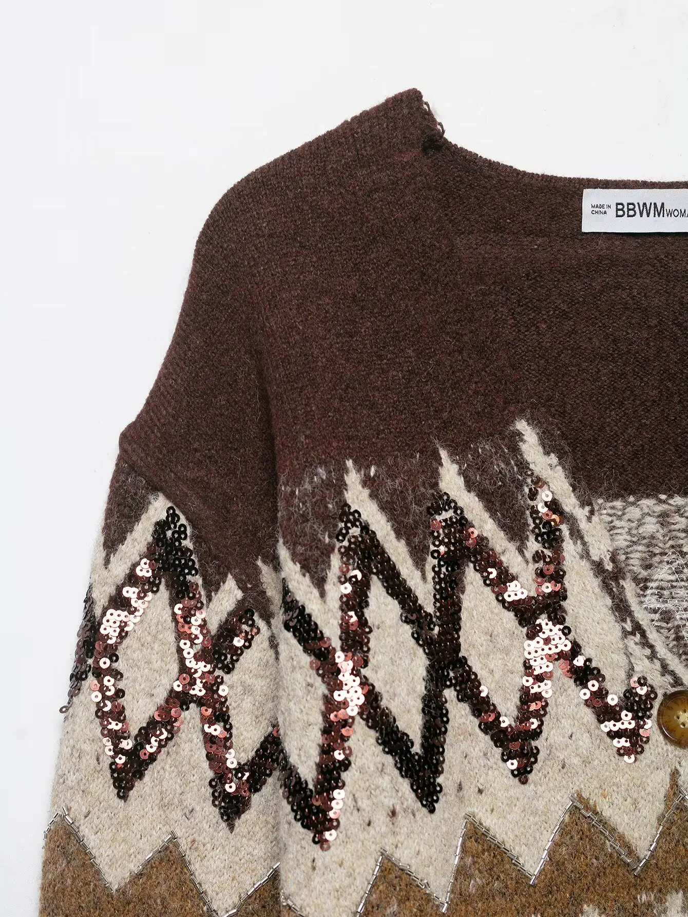 HH Damen Frühjahrsmode Langarm Rundhals Jacquard-Strickjacke mit Perlenverzierung und Gürtel Lässige Weite Strickjacke für Frauen – Detail 4