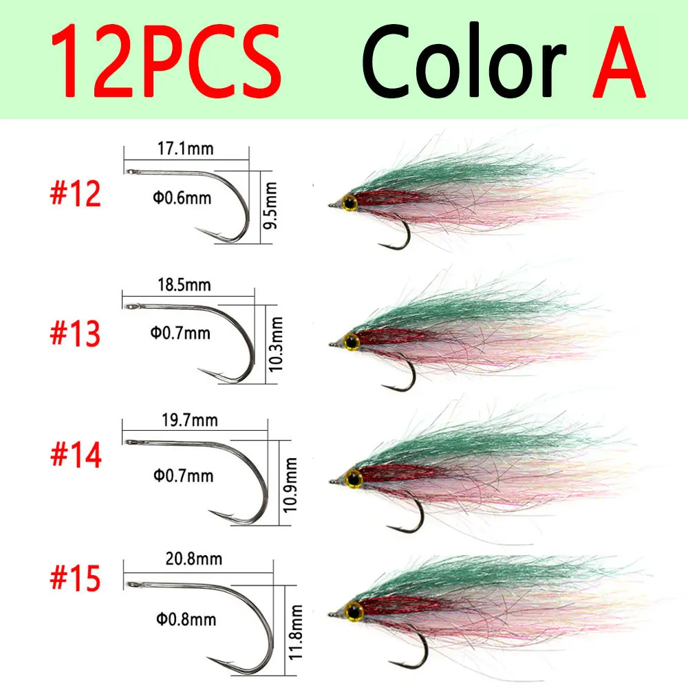 Bimoo 12PCS Slowly Sinking Wounded Minnow Fly Long Ice dubbing Baitfish Polar  Fry Fly Trout Salmon Bass Steelhead Fishing Lures