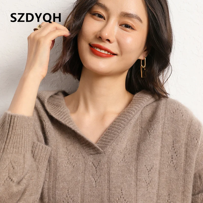 

2023 Spring Winter 100% Pure Cashmere Sweater Women Knitted Hooded Pullovers Loose Lady's Grade Up Long Sleeve Soft Warm Tops