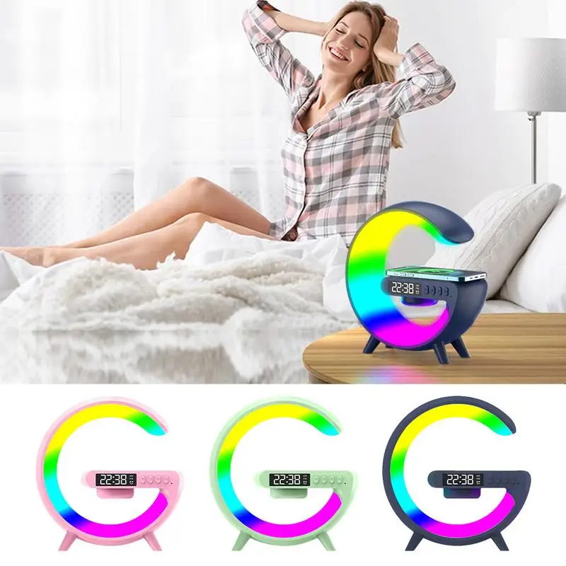 

LED Ambient Lighting Night Light G Shape Table Lamp Multifunction Wireless Charger Pad Stand Speaker With Alarm Clock Home Decor