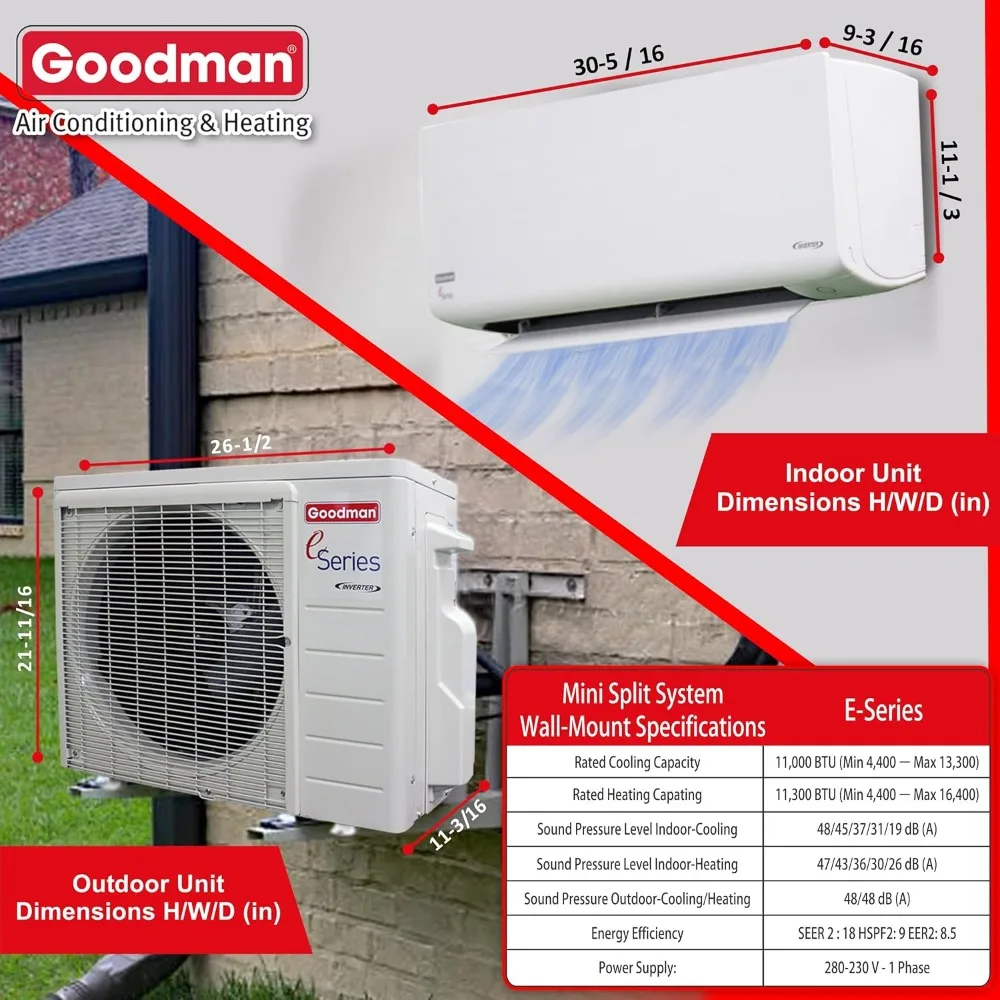 Goodman 12,000 BTU 18 SEER2 Ductless Mini Split Inverter Heat Pump System with 16-ft Installation and Wall Bracket (230v) 5