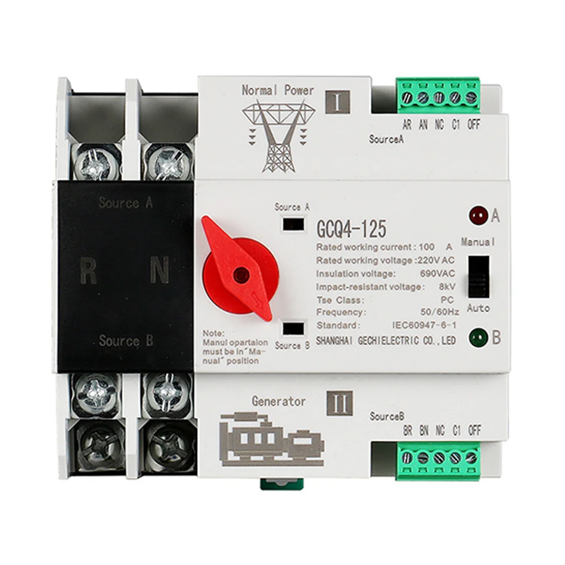 

Single Phase Din Rail ATS 220V PC Dual Power Automatic Transfer Switch 2P 100A Household Power Transfer Switch 50/60Hz