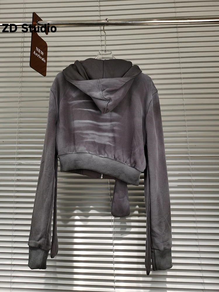 

[ZD Studio] 2023 Spring Autumn New Style Do Old Short Hoodie Tie Dye Printed Ribbon Decoration Zipper Hooded Top Woman
