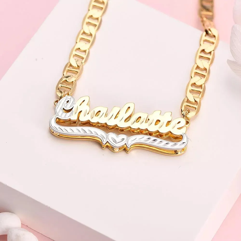 personalized heart name necklace gold plated flat chain two tone double layer necklace custom double nameplate pendant jewelry Personalized Heart Name Necklace Gold Plated Flat Chain Two Tone Double Layer Necklace Custom Double Nameplate Pendant Jewelry