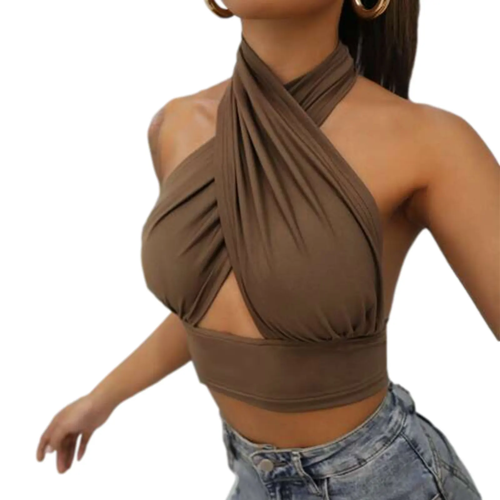 Women Summer Tank Tops Sexy Solid Color Cross Halter Neck Push Up Hollow Crop Tops 2022 New Fashion gym bra Tanks & Camis