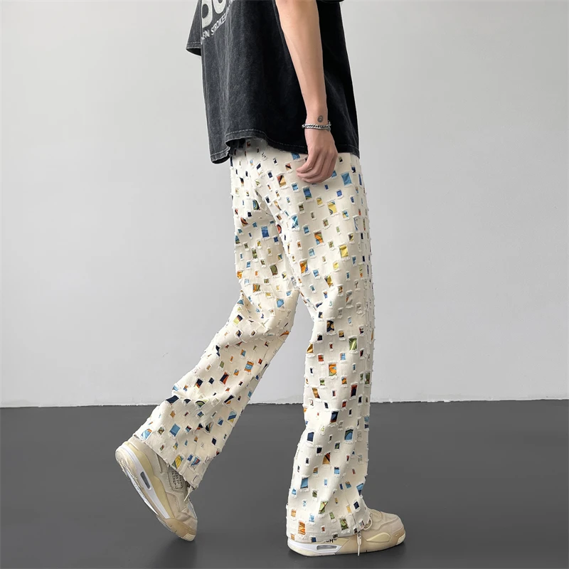 Cotton Casual Pants for Men Fashion Retro Colored Plaid Streetwear Hip-hop Loose Hollow Out Hole Trousers M-3XL casual pants