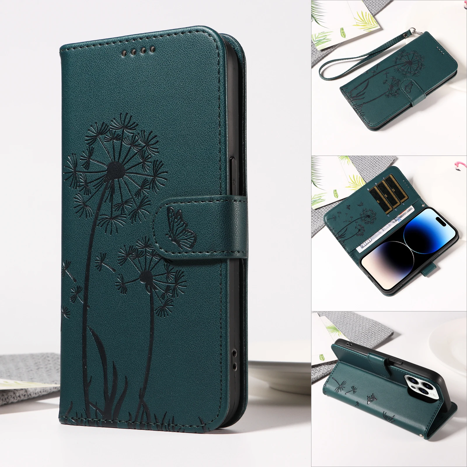 Magnetic Wallet Flip Leather Case with Cat and Butterfly Embossed Design