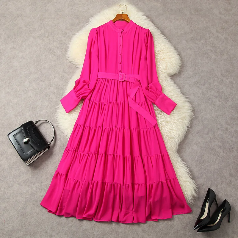 

Long Sleeved Dress Women's Clothing 2023 Spring Summer French Style Round Neck High Waist Slimming Elegant Midi Chiffon Dress