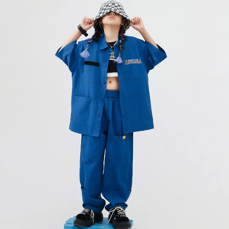 

Kid Hip Hop Clothing Blue Short Sleeve Shirt Top Casual Street Cargo Pants for Girl Boy Jazz Dance Costume Set Dancing Clothes