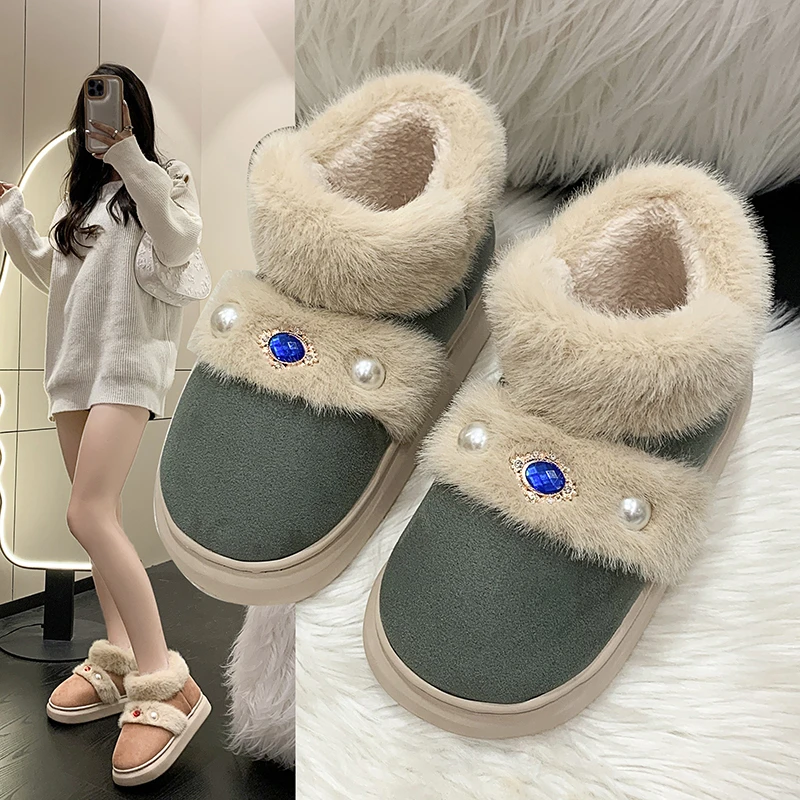 Furry Women Shoes 2023 New Diamond Design Women's Boots Winter Plush Warm Snow Boots Non-slip Thick Bottom Ladies Cotton Shoes