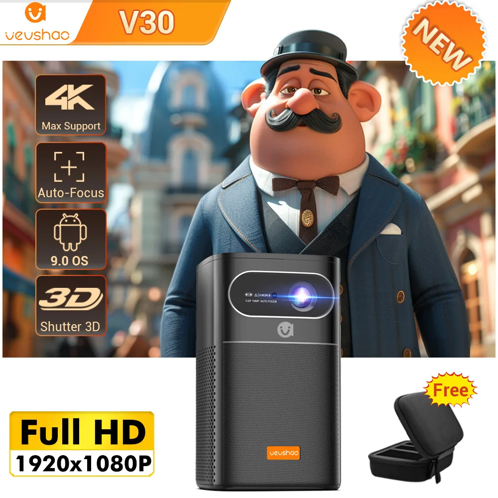 VEVSHAO V30 Projector, 3D 4K Mini Smart Android WiFi Portable 1080P Home Theater Video LED DLP Projector with Battery