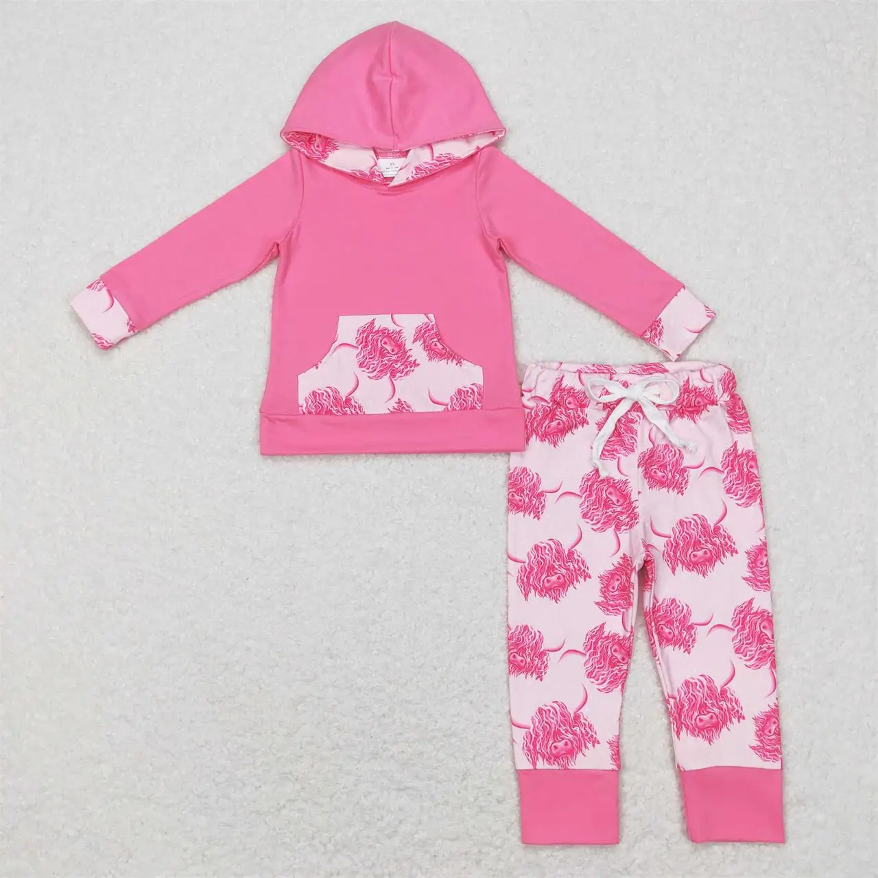 

Wholesale Baby Girls Western Pink Set Long Sleeves Toddler Hoodie Sweater Kids Outfit Children Cow Print Pants Pocket Clothing