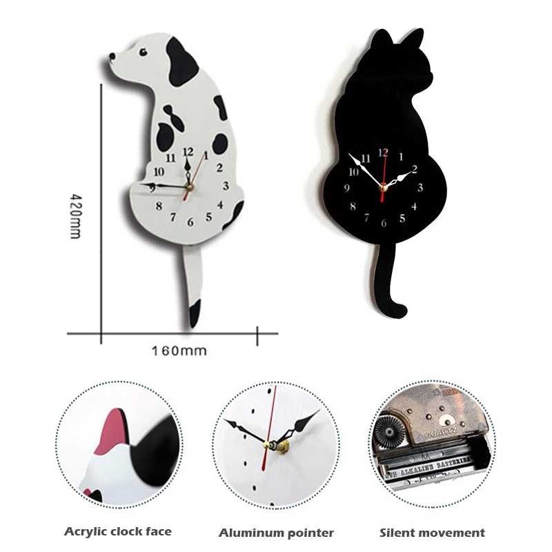 Cute Wagging Tail Cat Dog Design Wall Clock Kids Bedroom Wall