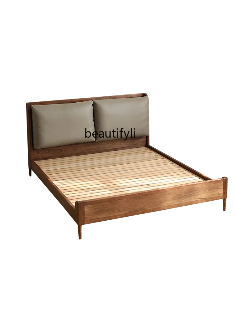 

North American Black Walnut Solid Wood Leather Soft Pack Bed Nordic Bedroom Double Bed Home Log Backrest Bed Removable