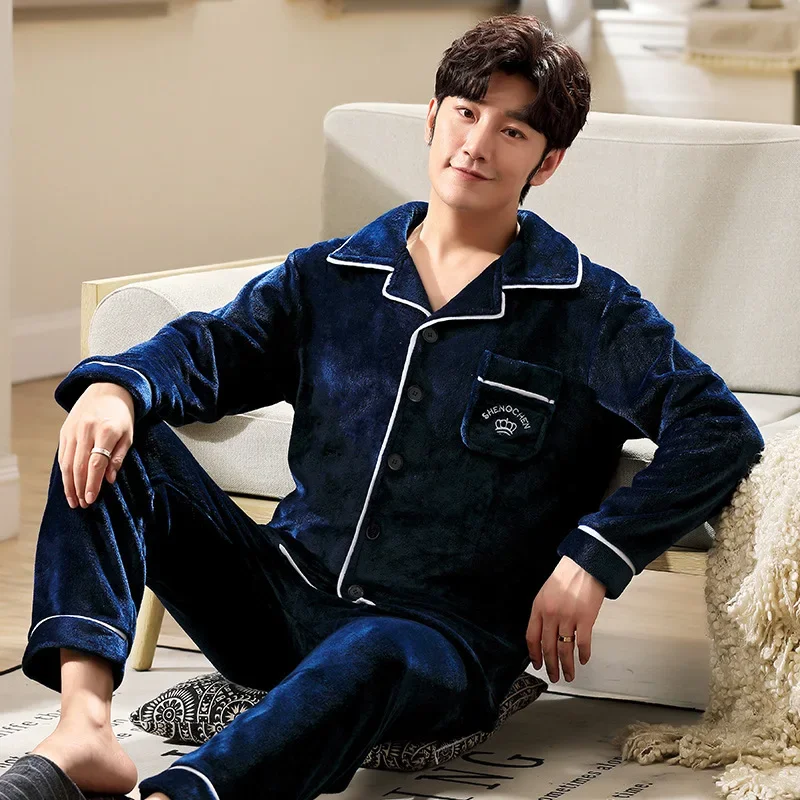 Fashion Design Pajamas Set Men Autumn Winter Flannel Thermal Lapel Coral Fleece Loungewear Suit Male Comfortable Warm Homewear cotton pajamas set