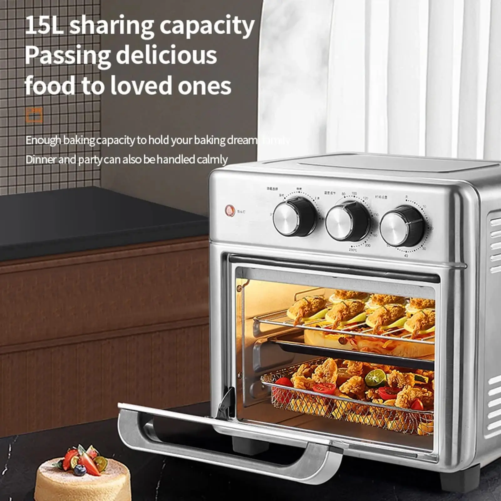 5 in 1 Air Fryer 1200W Stainless Steel Toaster Oven with Grill Kitchen Convection Oven Timer Knob Control for Meat Roast Chicken
