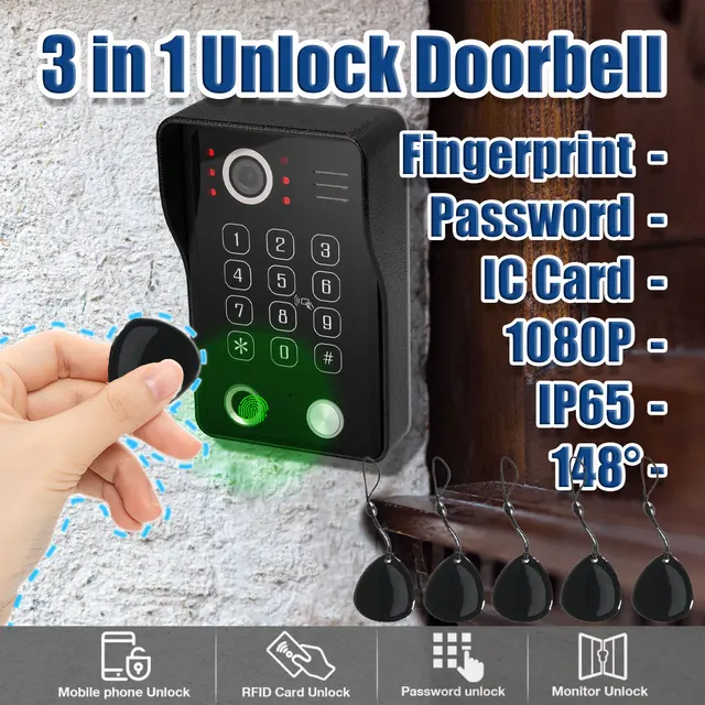 Fingerprint IC Card Password 3 in 1 Unlock Doorbell Video Intercom for Home 1080P 148° Wide View Security Protection 1