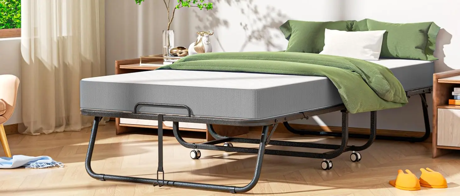 Description Picture 2 of itemBed with 5” Mattress, 75" x 38" Twin Folding Bed for Adults, Portable Foldable Twin Bed, Fold up Guest Bed with Study Metal Fram