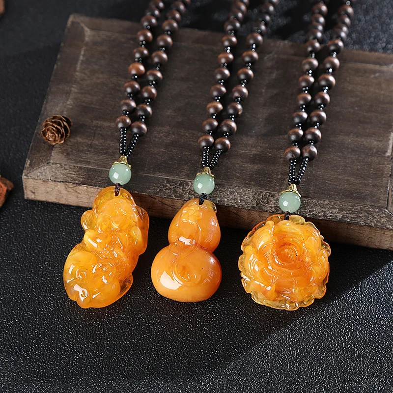 Imitation beeswax water drop necklace nuclear wood beads long sweater chain women's imitation amber pendant