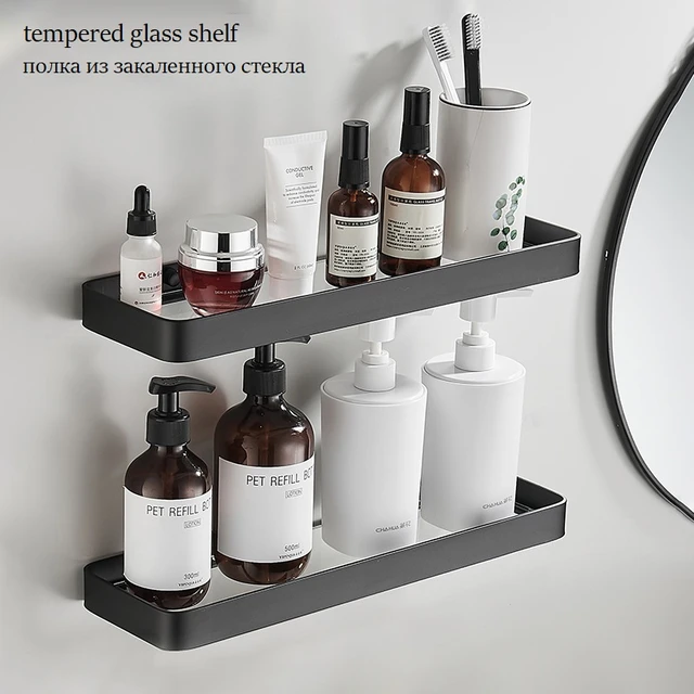 Black Tempered Glass Bathroom Caddy Corner Shelf