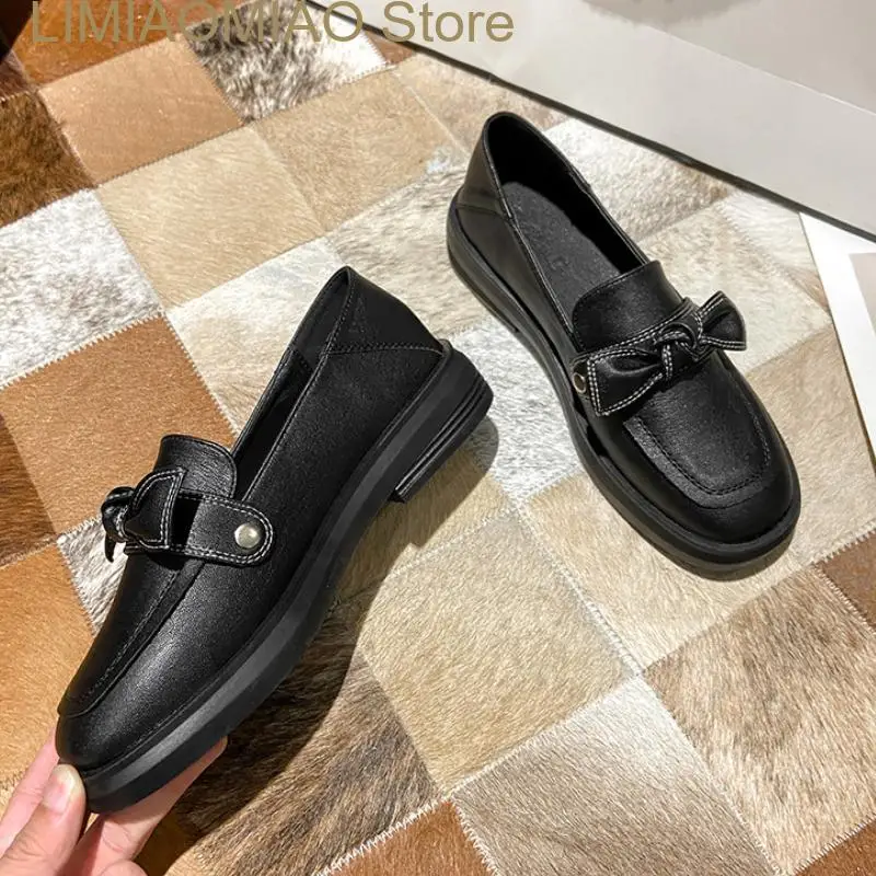 New Fiber Leather Flat Shoes Women's British Style Black Soft Work Low Heel Square Head Simple Office Lady Shoes