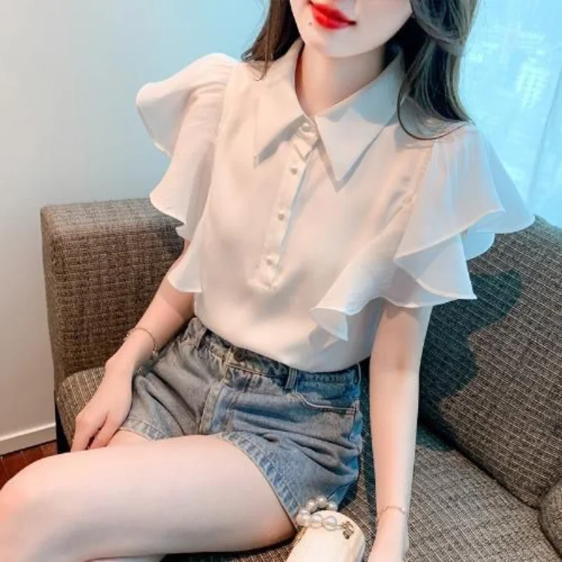 Minimalist Commuter 2024 Summer New Women's Polo-Neck Button Spliced Butterfly Sleeve Fashion Sweet Chic Basic Chiffon Blouse