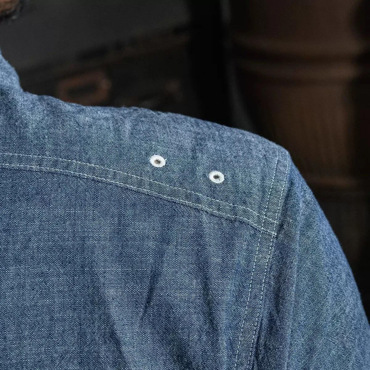 Non Stock Cigarette Pocket Chambray Shirt WWII Simplified Version Mens Short-Sleeve Work Shirt 3
