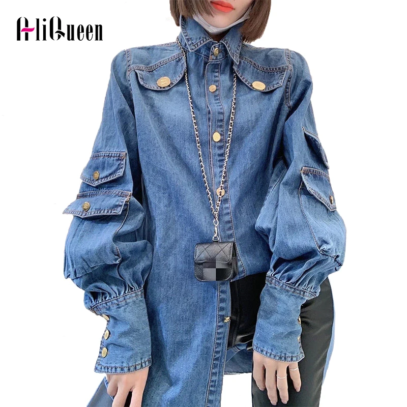 

Женская джинсовая рубашка с длинным рукавом-фонариком, однобортная Свободная рубашка с отложным воротником и карманами в винтажном стиле, весна-осень