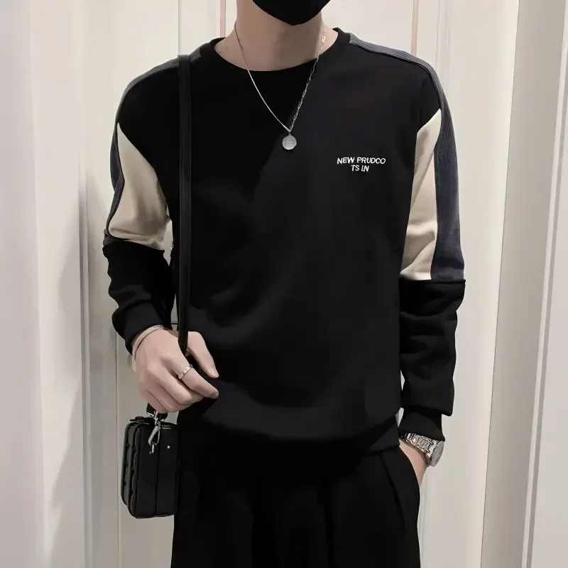 

Tops Pullover Round Neck T Shirts for Men Spliced Male Clothes Baggy Embroidery Full Sleeve Fashion Trends 2023 Korean Autumn It