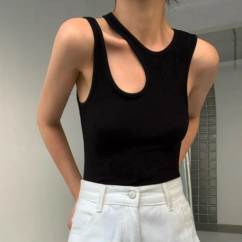 Casual y2k White Cut Out Women's T Shirt Round Neck Sleeveless Slim T Shirts Female Clothing 2022 Summer Fashion crop top women