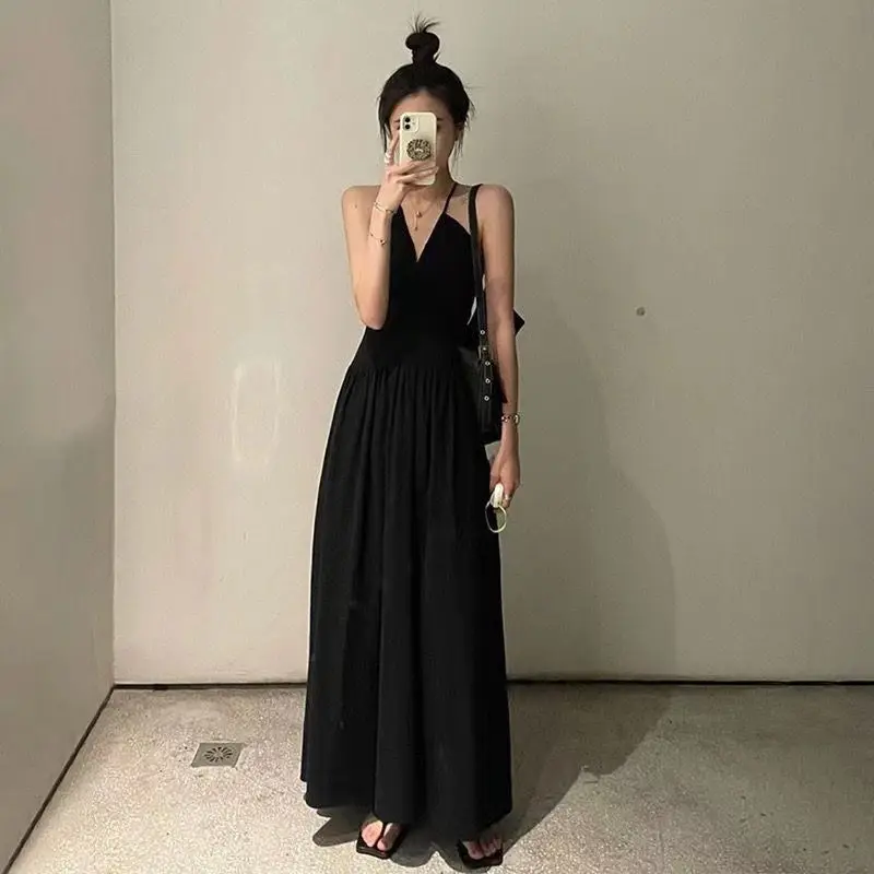 Black Backless Bandage Dresses Women Summer Sexy V-neck Hotsweet Gentle Holiday French Style Maxi Vestidos Pure Chic Defined New