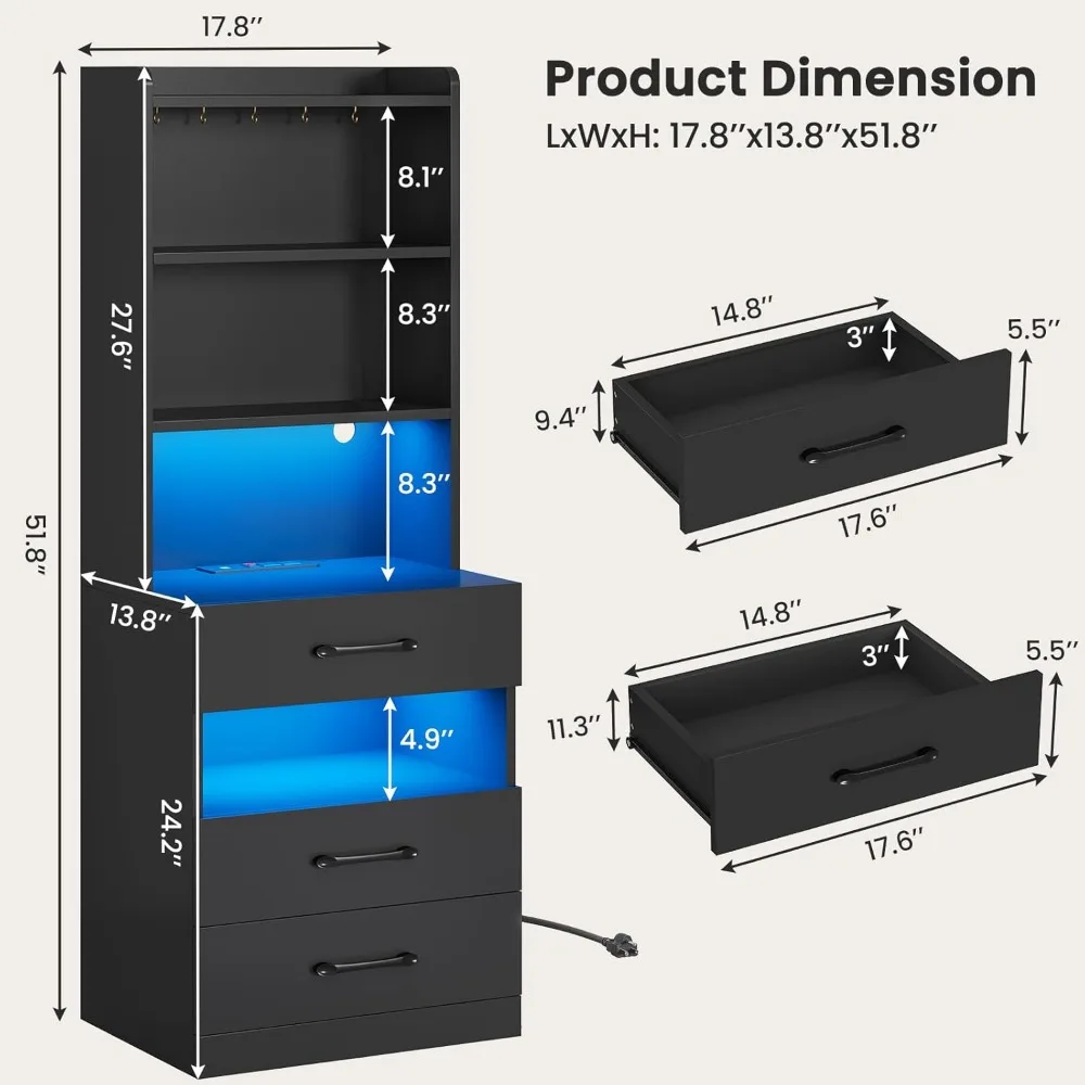 Tall Nightstand Set of 2 with Charging Station and LED Lights,Black Night Stand Set 2 with Bookshelf,Modern LED Bedside Tables 2