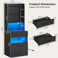 Tall Nightstand Set of 2 with Charging Station and LED Lights,Black Night Stand Set 2 with Bookshelf,Modern LED Bedside Tables 2