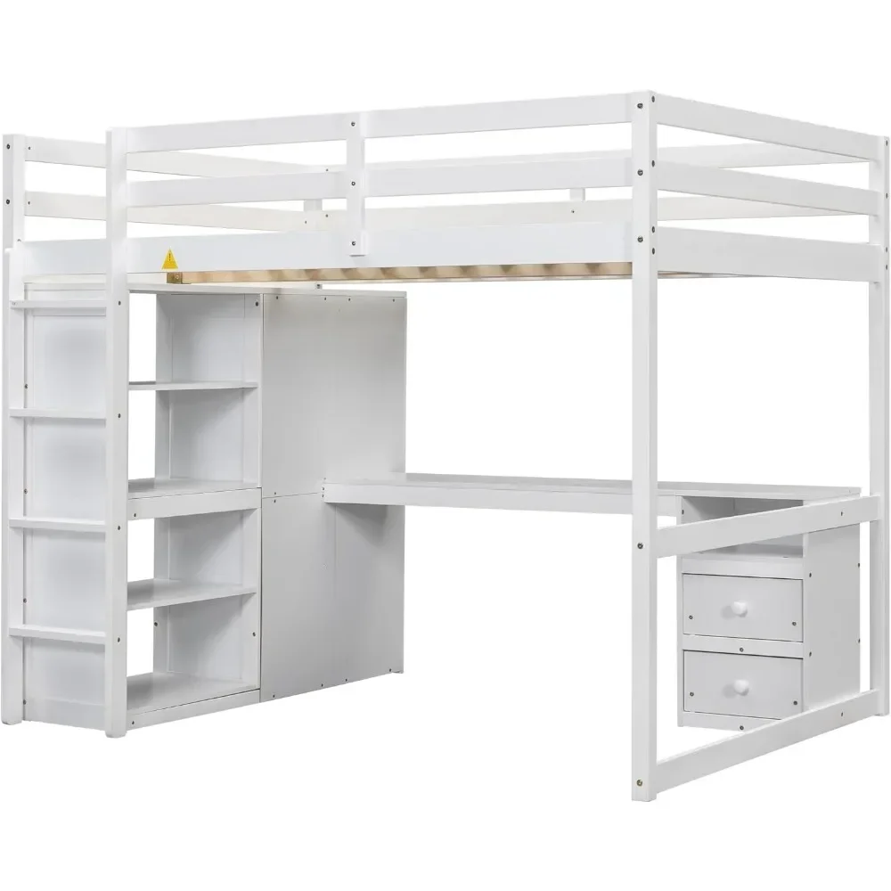Bunk Beds Full Size Loft Bed with Wardrobe and Desk, Wood Loft Bed Frame with Storage Shelves and Drawers Kids Bed 6